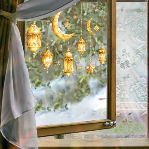 Pegatinas de Pared de Linterna Luna Estrella de Ramadán Oro Calcomanías de Ventana de PVC para Decoración de Hogar Eid Mubarak