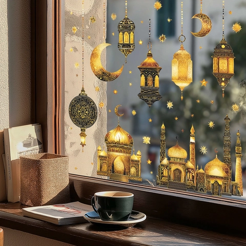 Ramadan Eid Mubarak Castle Moon Star Wall Sticker Gold PVC Self-Adhesive Removable Window Decal Islamic Home Decor