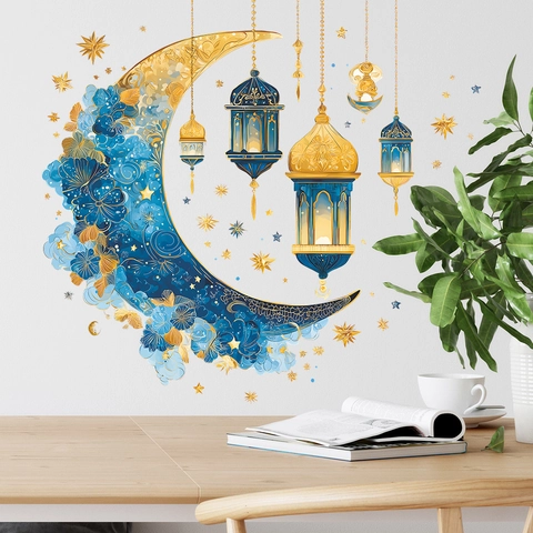 Pegatinas de Pared de Linterna de Estrellas de Luna de Ramadán Decoración de Eid Dorado Azul Floral PVC Calcomanía para Sala