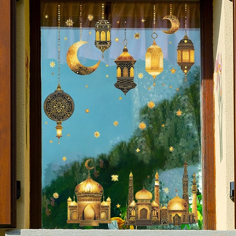 Ramadan Eid Mubarak Castle Moon Star Wall Sticker Gold PVC Self-Adhesive Removable Window Decal Islamic Home Decor