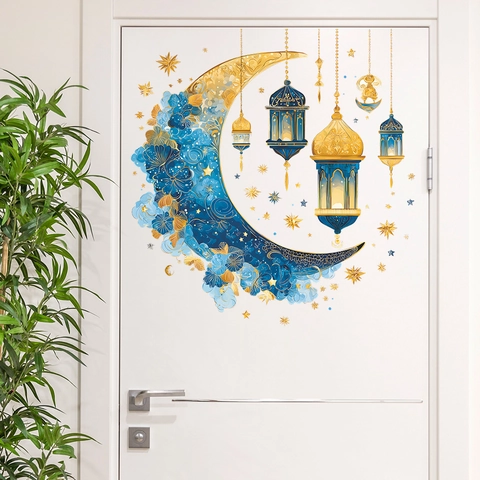Pegatinas de Pared de Linterna de Estrellas de Luna de Ramadán Decoración de Eid Dorado Azul Floral PVC Calcomanía para Sala