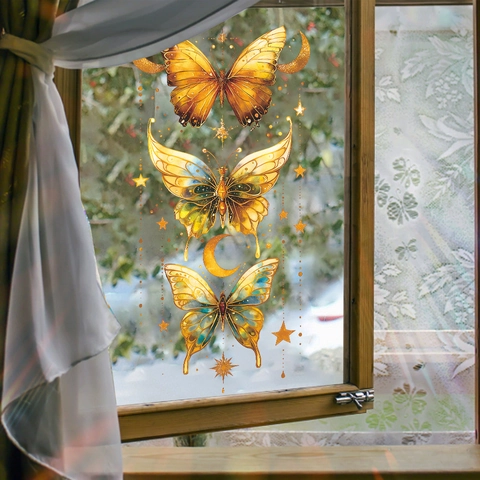 Pegatinas de Pared Ventana Mariposa Dorada Estrella Luna PVC Removible Celeste Bohemio Decoración Hogar Para Sala Dormitorio