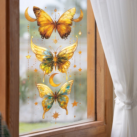 Pegatinas de Pared Ventana Mariposa Dorada Estrella Luna PVC Removible Celeste Bohemio Decoración Hogar Para Sala Dormitorio