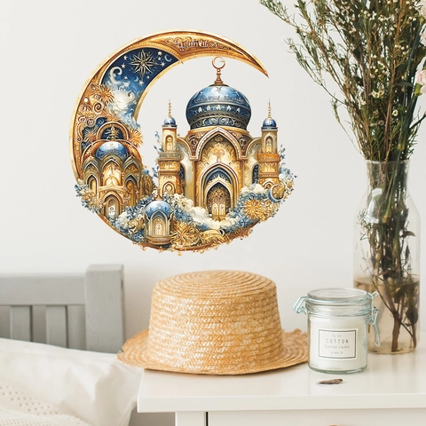 Gouden Maankasteel Moskee Muursticker Islamitische Kunst PVC Verwijderbaar Luxe Midden-Oosterse Woondecoratie Voor Woonkamer