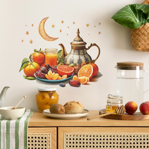 Nahost-Ramadan-Wandaufkleber Mond Sterne Teekanne Fruchtmuster PVC Selbstklebende Dekorative Abziehbilder Für Küche Schlafzimmer Eingang Wohnkultur