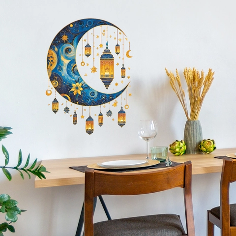 Ramadan Moon Lantern Wall Sticker Removable PVC Islamic Style Gold Blue Star Crescent Eid Mubarak Home Decor Wall Mural