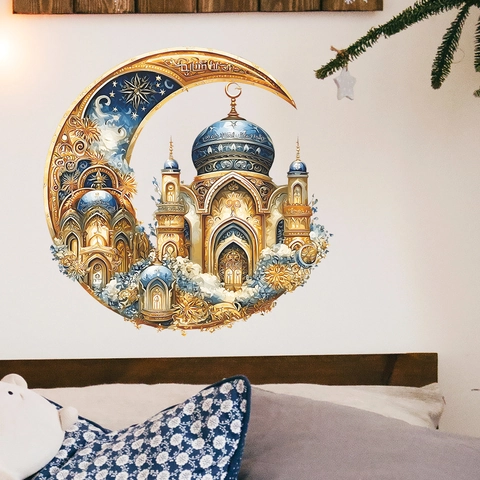 Gouden Maankasteel Moskee Muursticker Islamitische Kunst PVC Verwijderbaar Luxe Midden-Oosterse Woondecoratie Voor Woonkamer