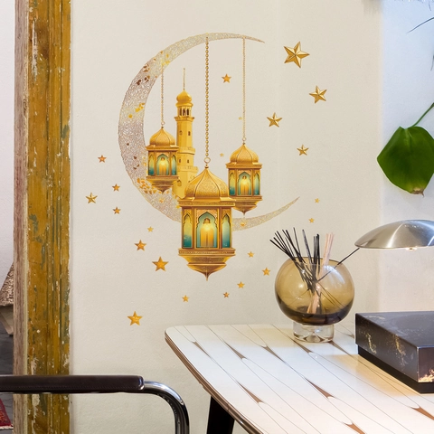 Pegatinas de Pared Oro Luna Estrellas Linterna Mezquita Ramadán Eid Calcomanías Autoadhesivas de PVC para Sala de Estar Dormitorio Hogar