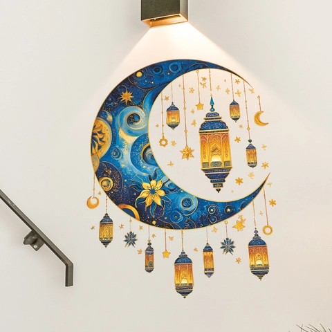 Ramadan Moon Lantern Wall Sticker Removable PVC Islamic Style Gold Blue Star Crescent Eid Mubarak Home Decor Wall Mural