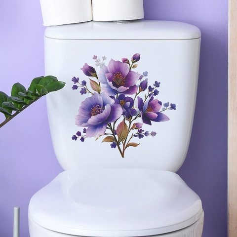 Romantic Purple Flower Toilet Sticker PVC Waterproof Removable Floral Wall Decal For Bathroom Home Decor HY-M545