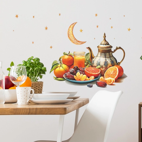 Nahost-Ramadan-Wandaufkleber Mond Sterne Teekanne Fruchtmuster PVC Selbstklebende Dekorative Abziehbilder Für Küche Schlafzimmer Eingang Wohnkultur