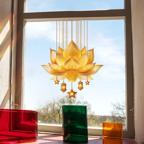 Adhesivo de Pared de Loto Dorado Estrella Linterna de PVC Removible Autoadhesivo para Decoración del Hogar Ramadán Estilo de Medio Oriente