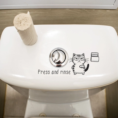 Sticker de Toilette Chat de Dessin Animé Press And Rinse Imperméable en PVC Décor de Salle de Bain Mural Minimaliste Moderne