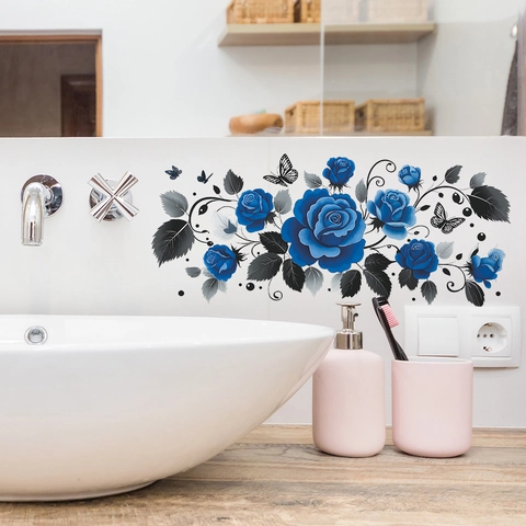 Romantic Blue Rose Butterfly Toilet Sticker Waterproof PVC Self Adhesive Bathroom Water Tank Wall Decal Home Decor Sticker