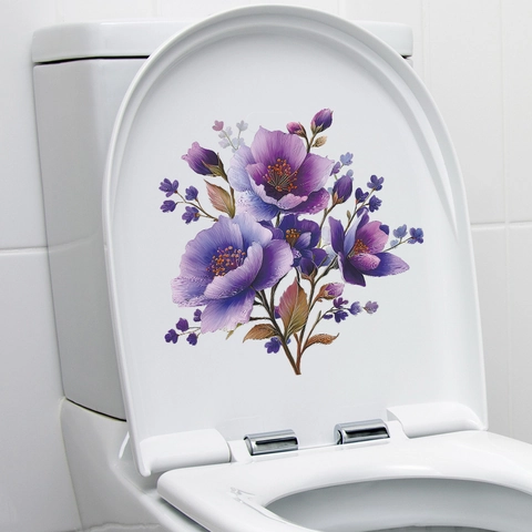 Romantic Purple Flower Toilet Sticker PVC Waterproof Removable Floral Wall Decal For Bathroom Home Decor HY-M545
