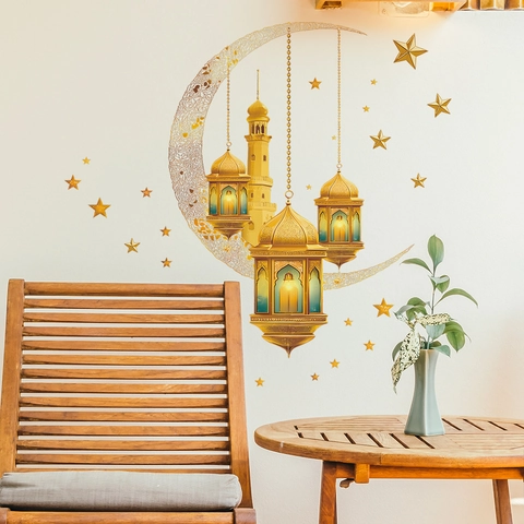 Pegatinas de Pared Oro Luna Estrellas Linterna Mezquita Ramadán Eid Calcomanías Autoadhesivas de PVC para Sala de Estar Dormitorio Hogar
