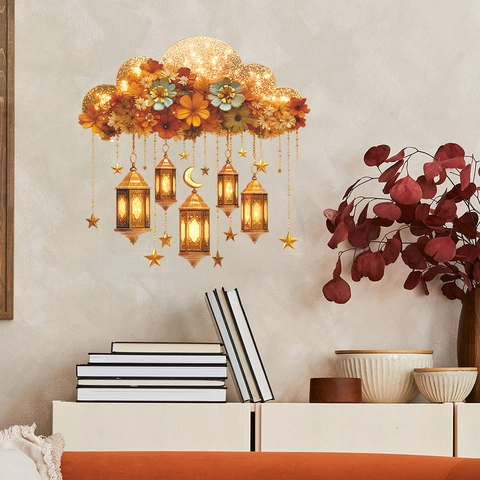 Pegatina De Pared Ramadan Eid Mubarak Nube Dorada Flor Linterna Colgante Luna Estrella Patrón PVC Autoadhesivo Decoración Hogar