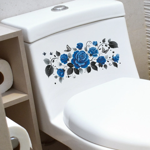 Romantic Blue Rose Butterfly Toilet Sticker Waterproof PVC Self Adhesive Bathroom Water Tank Wall Decal Home Decor Sticker
