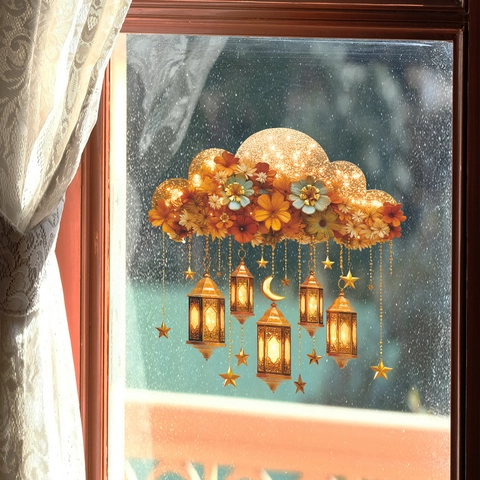 Pegatina De Pared Ramadan Eid Mubarak Nube Dorada Flor Linterna Colgante Luna Estrella Patrón PVC Autoadhesivo Decoración Hogar