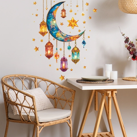 Pegatinas de Pared Ramadan Eid Mubarak Luna Creciente Colorida Linternas Estrellas PVC Arte de Pared Extraíble Decoración