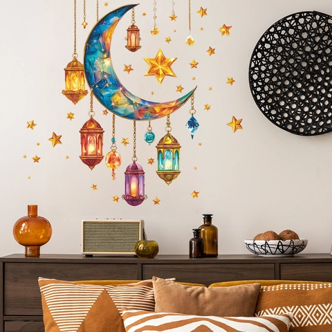 Pegatinas de Pared Ramadan Eid Mubarak Luna Creciente Colorida Linternas Estrellas PVC Arte de Pared Extraíble Decoración