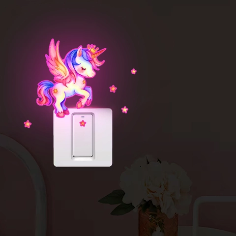 Luminous Unicorn Wall Stickers Glow In The Dark Removable PVC Wall Decals For Kids Room Bedroom Switch Decor Stars Rainbow Pattern