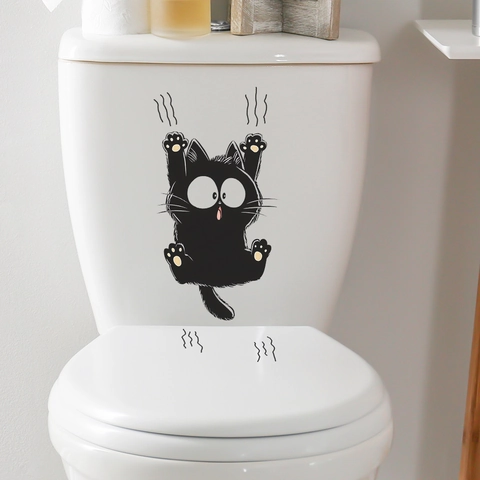 Grappige Cartoon Zwarte Kat Toiletsticker Creatieve Waterdichte PVC Muursticker Voor Badkamer Toiletdeksel Woondecoratie DIY