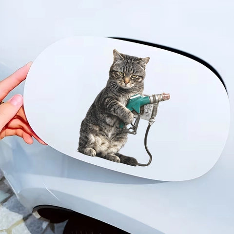 Lustiger PVC Aufkleber Graue Katze Mit Zapfpistole Wasserdicht Abnehmbar Dekoration Für Autotankdeckel Und Wände Zuhause
