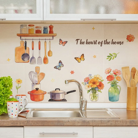 Watercolor Kitchenware Flower Butterfly Wall Sticker The Heart Of The Home PVC Self Adhesive Kitchen Decor Decal Mural