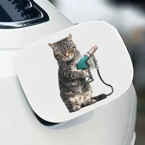 Lustiger PVC Aufkleber Graue Katze Mit Zapfpistole Wasserdicht Abnehmbar Dekoration Für Autotankdeckel Und Wände Zuhause