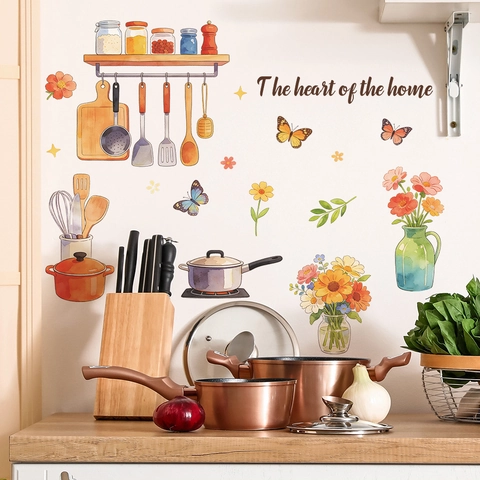 Watercolor Kitchenware Flower Butterfly Wall Sticker The Heart Of The Home PVC Self Adhesive Kitchen Decor Decal Mural