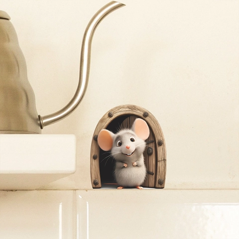 3D Effect Mouse Hole Wall Sticker Realistic Cartoon Mouse In Door Decal Self-Adhesive PVC Decorative Sticker For Home Decor