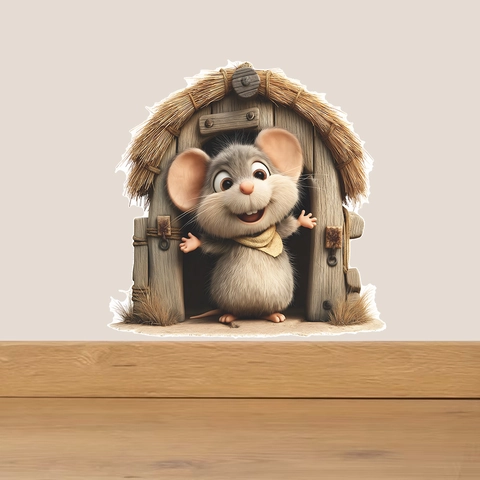 3D Muizenhol Muursticker Cartoon Muis In Rietgedekte Hut Decor Waterdicht PVC Zelfklevend Muursticker Voor Kinderkamer