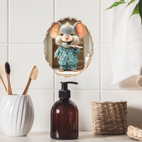Adhesivo de Pared 3D Agujero de Ratón Dibujos Animados Ratón Lavándose los Dientes Patrón Removible PVC para Baño Dormitorio Niños