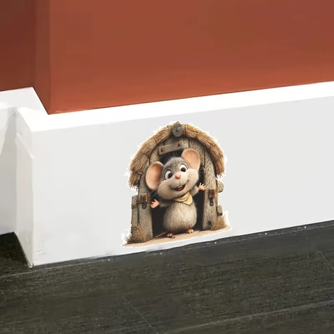 3D Muizenhol Muursticker Cartoon Muis In Rietgedekte Hut Decor Waterdicht PVC Zelfklevend Muursticker Voor Kinderkamer