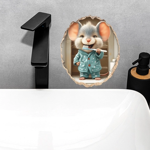 Adhesivo de Pared 3D Agujero de Ratón Dibujos Animados Ratón Lavándose los Dientes Patrón Removible PVC para Baño Dormitorio Niños