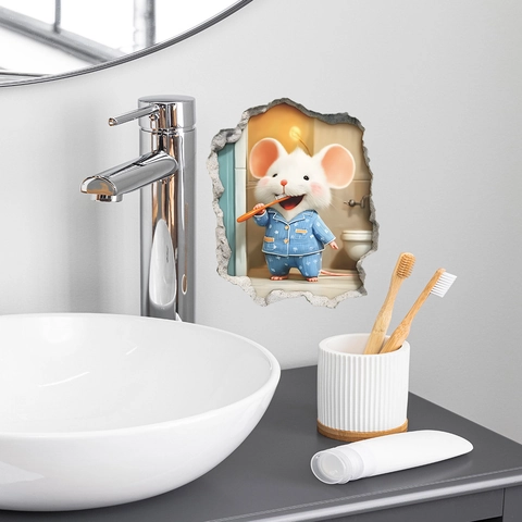 Cute Cartoon Mouse Brushing Teeth 3D Wall Sticker PVC Self Adhesive Removable Mouse Hole Decal For Bathroom Kids Bedroom Home Decor