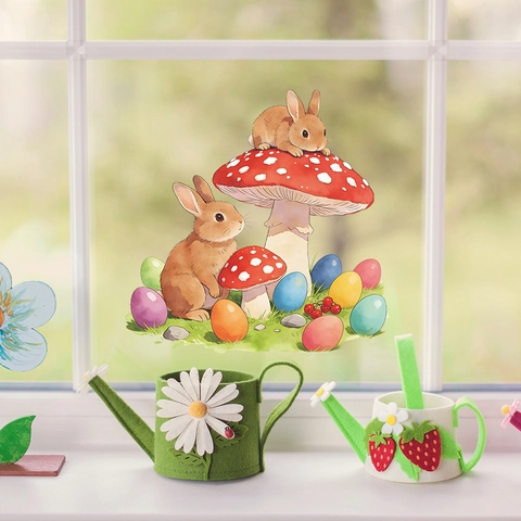 Easter Bunny Rabbit Mushroom Colorful Eggs Wall Sticker Removable PVC Window Clings For Holiday Home Decor Living Room