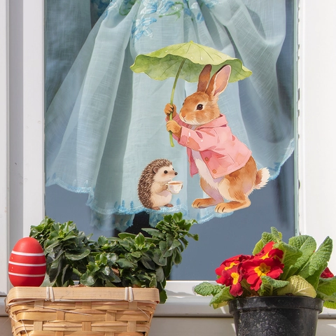 Cartoon Rabbit Hedgehog Window Wall Sticker Watercolor PVC Waterproof Glass Decal For Home Kids Room Easter Decoration