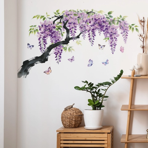 Lila Blauregen Blumenrebe Schmetterling Wandtattoo Abnehmbare PVC Aquarell Florale Wandaufkleber Schlafzimmer Wohnzimmer Haus Dekor