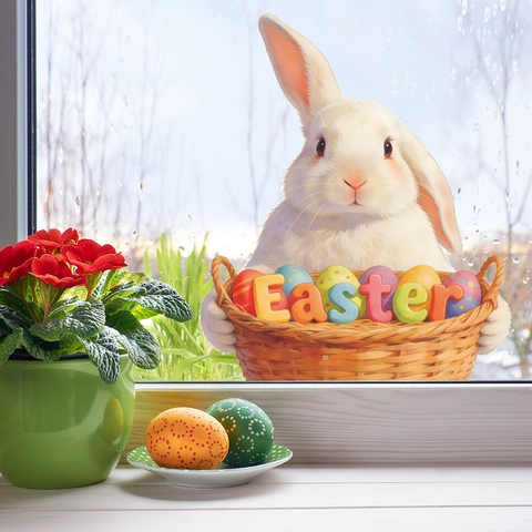 Ostern Hase Bunte Eier Fensteraufkleber PVC Selbstklebend Wandtattoo Für Glastür Haus Laden Festliche Raumdekoration