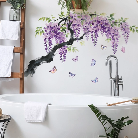 Lila Blauregen Blumenrebe Schmetterling Wandtattoo Abnehmbare PVC Aquarell Florale Wandaufkleber Schlafzimmer Wohnzimmer Haus Dekor