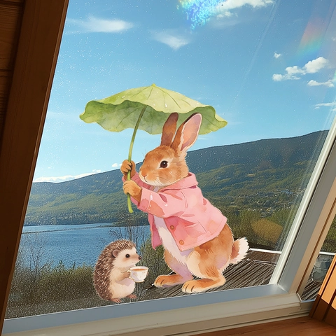 Cartoon Rabbit Hedgehog Window Wall Sticker Watercolor PVC Waterproof Glass Decal For Home Kids Room Easter Decoration