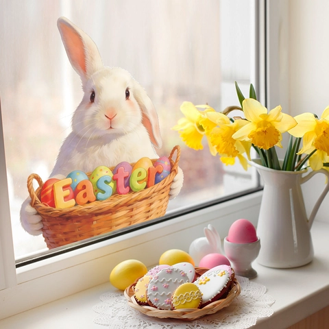 Ostern Hase Bunte Eier Fensteraufkleber PVC Selbstklebend Wandtattoo Für Glastür Haus Laden Festliche Raumdekoration