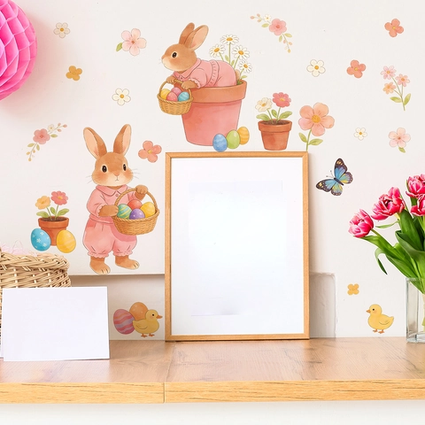 Easter Rabbit Egg Butterfly Wall Sticker Cartoon Watercolor PVC Self Adhesive Decal For Nursery Kids Room Home Decor