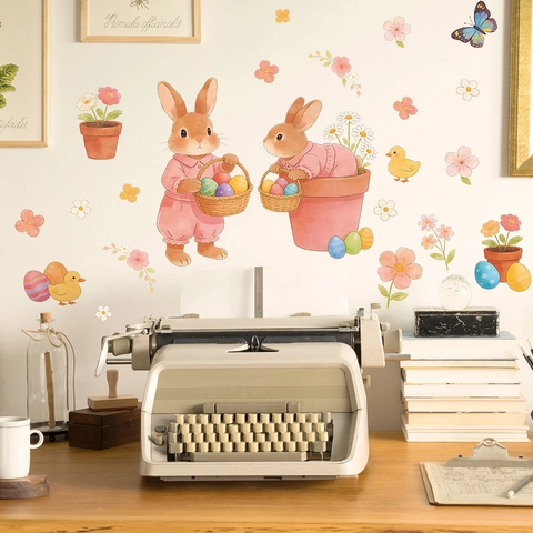 Easter Rabbit Egg Butterfly Wall Sticker Cartoon Watercolor PVC Self Adhesive Decal For Nursery Kids Room Home Decor