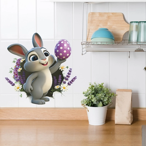 Adesivo per Parete 3D Coniglio di Pasqua Effetto Crepa Adesivo per Finestra PVC Autoadesivo Uovo Colorato Fiore Decorazione Casa