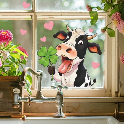 Cartoon Cow Four Leaf Clover Heart Wall Stickers Removable PVC Window Decals For Kids Room Bedroom Home Decor