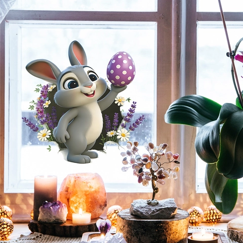 Adesivo per Parete 3D Coniglio di Pasqua Effetto Crepa Adesivo per Finestra PVC Autoadesivo Uovo Colorato Fiore Decorazione Casa