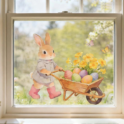 Adesivo da Parete Coniglietto di Pasqua Carrello Uova Fiori PVC Autoadesivo Decalcomania per Finestra Festiva per Casa Festa